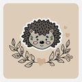 Hedgehog. Cute funny hand drawn animal with hearts, leaves and branches.